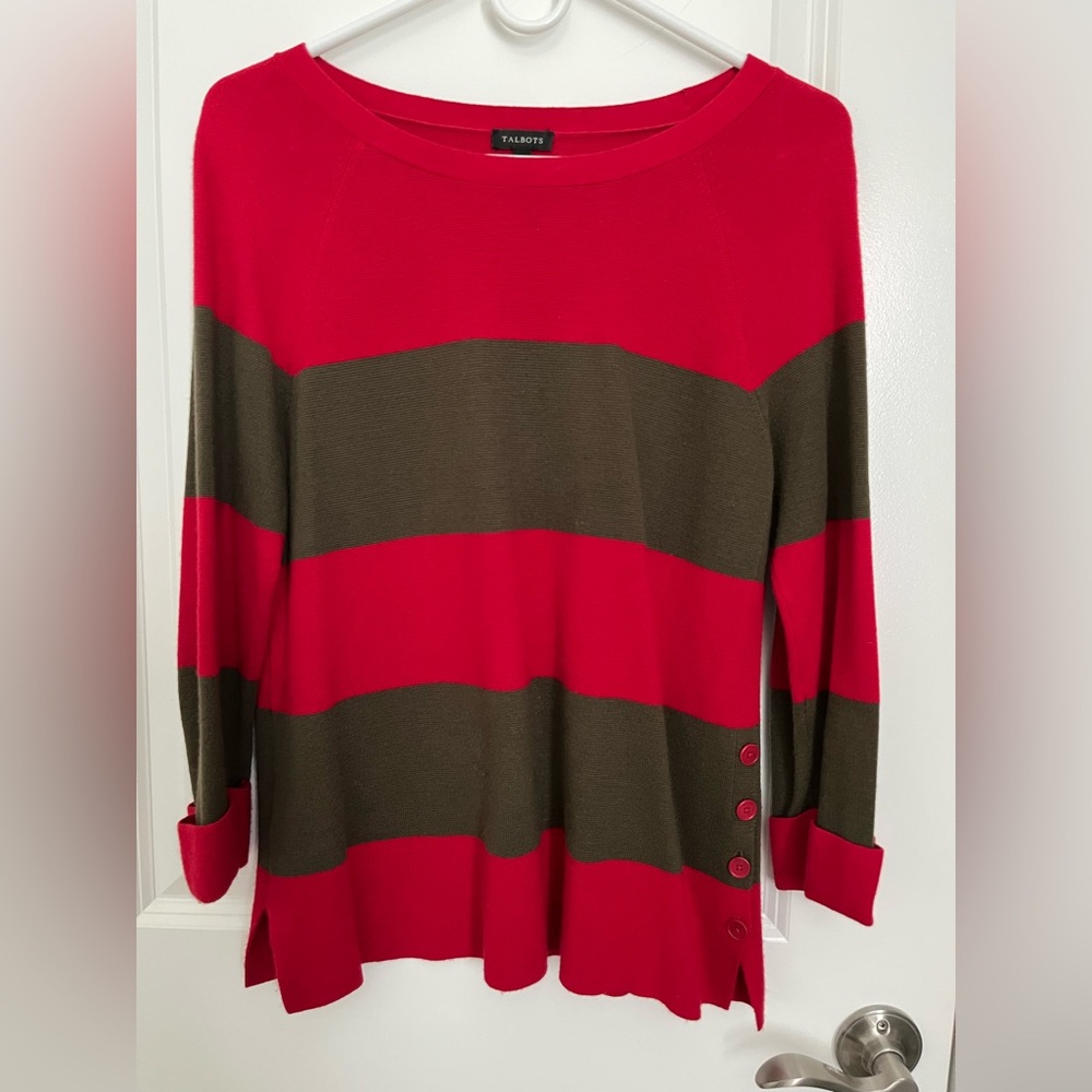 Talbots Red and Olive Striped Knit Tunic Top